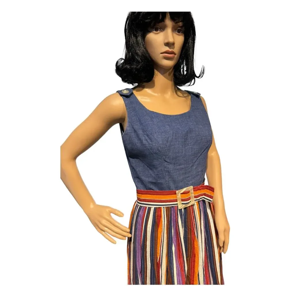 Vintage 1970s PLW Denim & Striped Prairie Midi Dress Boho Belted